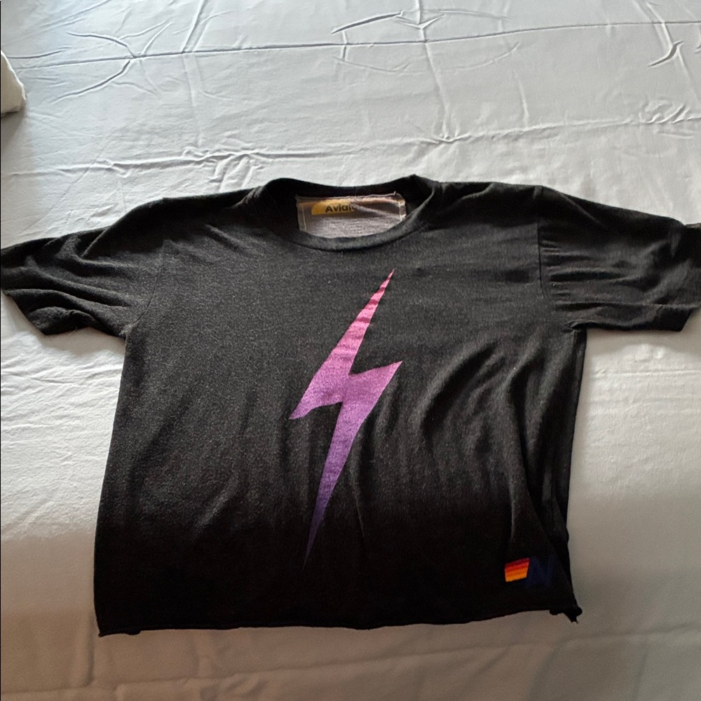 Aviator Nation Black Tee with Purple Lightning Bolt